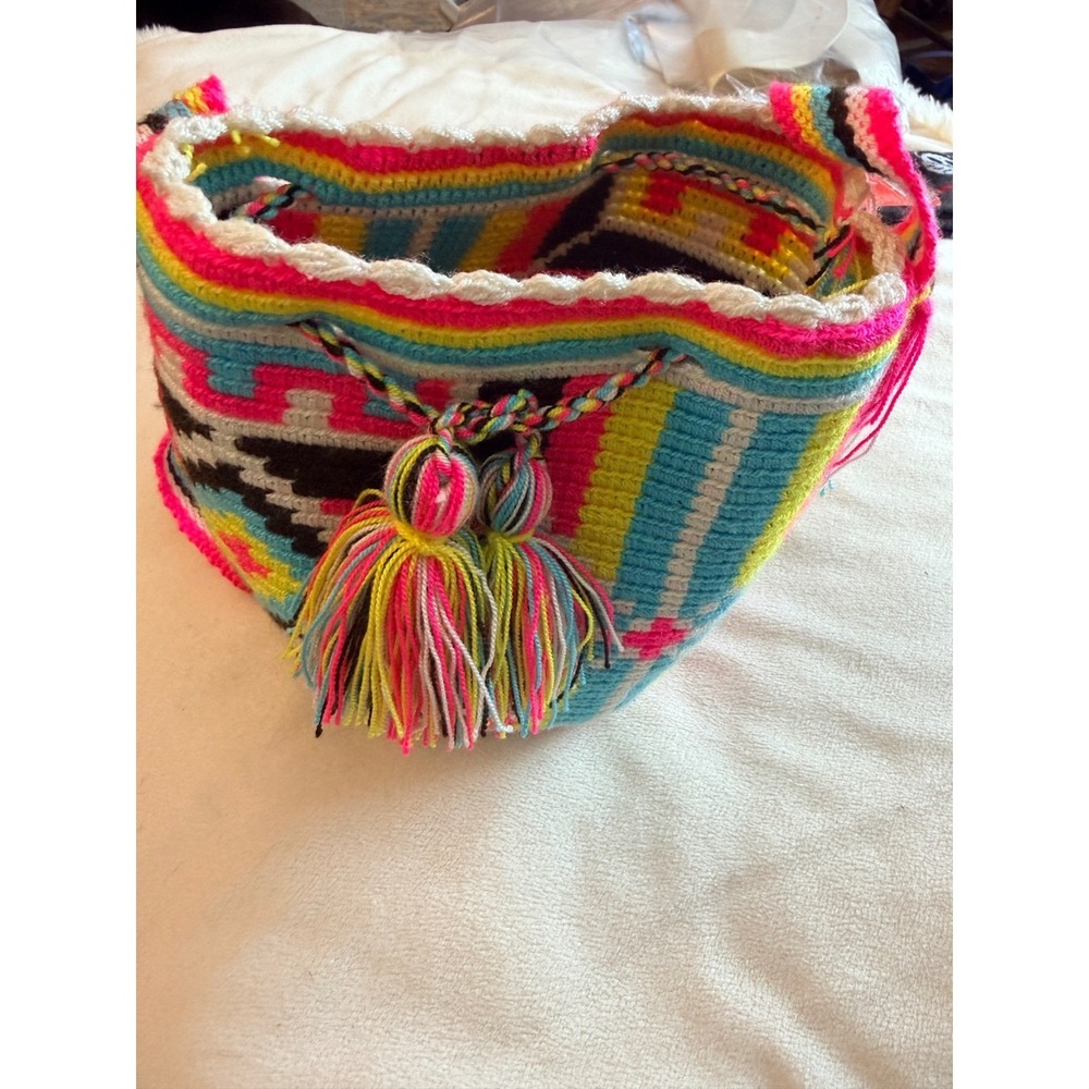 Wayuu Mochila Handwoven Neon Crochet Crossbody Bucket Bag with Tassels Boho